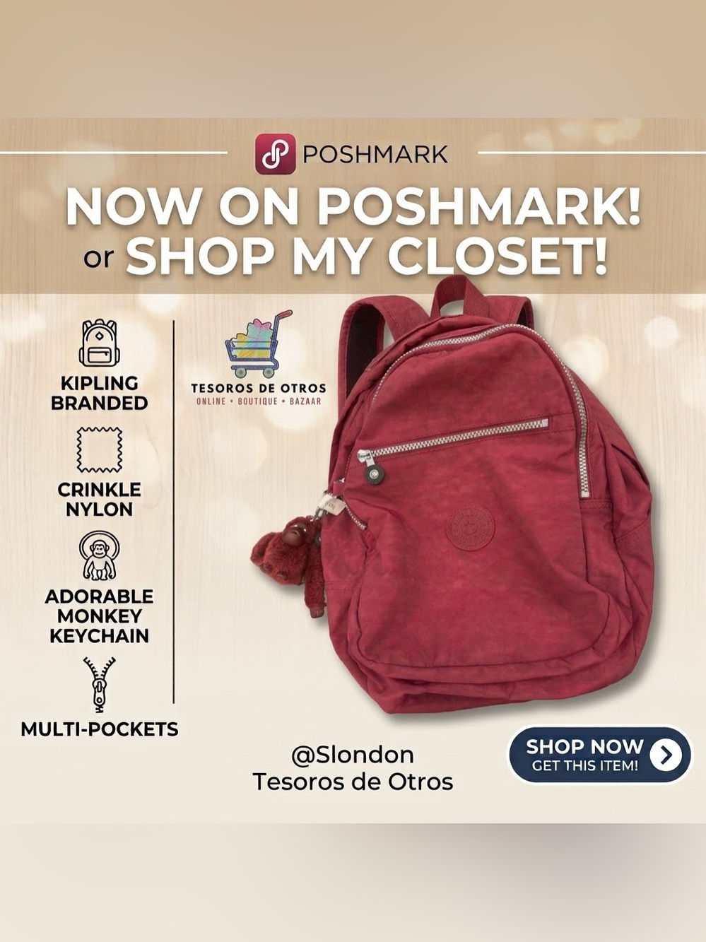 Kipling Small Backpack in Wine Red with Monkey Charm